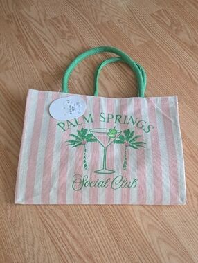 Palm Springs Social Club Striped Canvas Tote Bag - Pink & Green